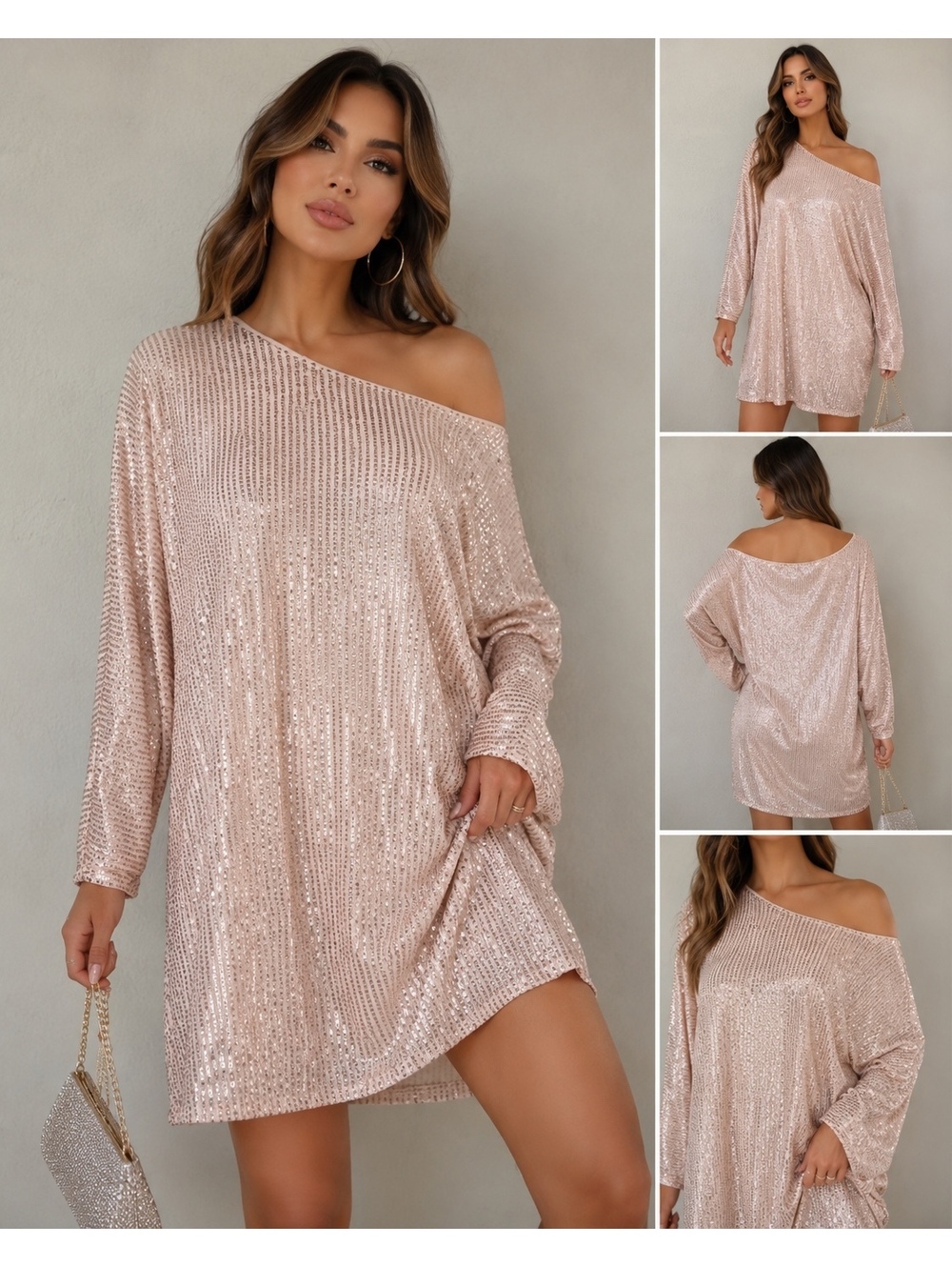 Women's Sequin One-Shoulder Long Sleeve Mini Dress in Blush Pink